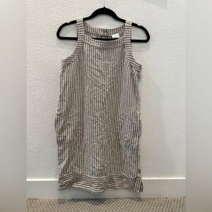 For Cynthia striped linen blend dress featuring side buttons and pockets.